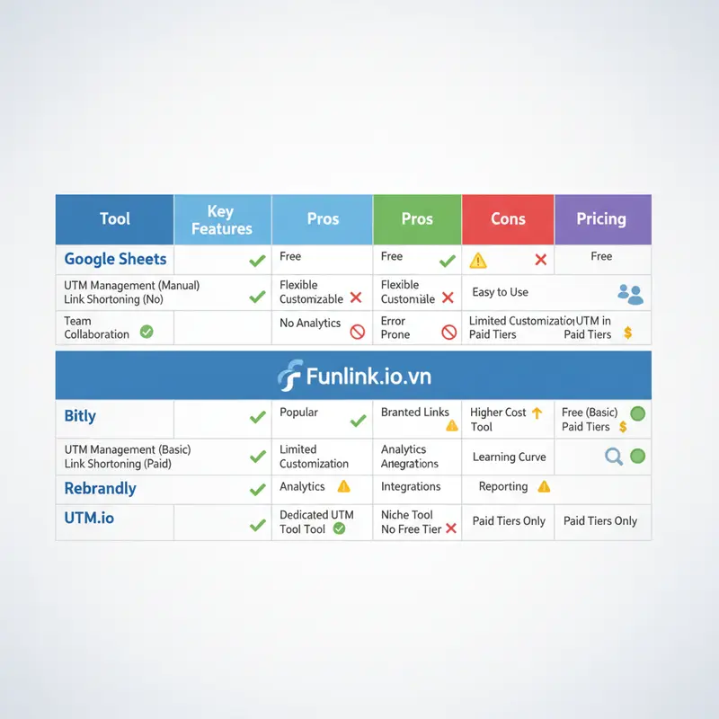 Bảng so sánh các công cụ tạo UTM, giúp hiểu rõ hơn utm_source là gì và quản lý ra sao.