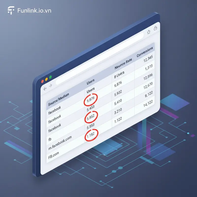Ví dụ về dữ liệu utm_source bị nhiễu loạn trên Google Analytics với nhiều biến thể của facebook.