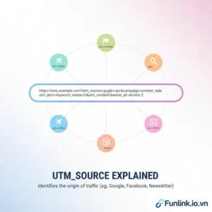 Giải thích utm_source là gì với sơ đồ 5 tham số UTM và biểu tượng Google Analytics.