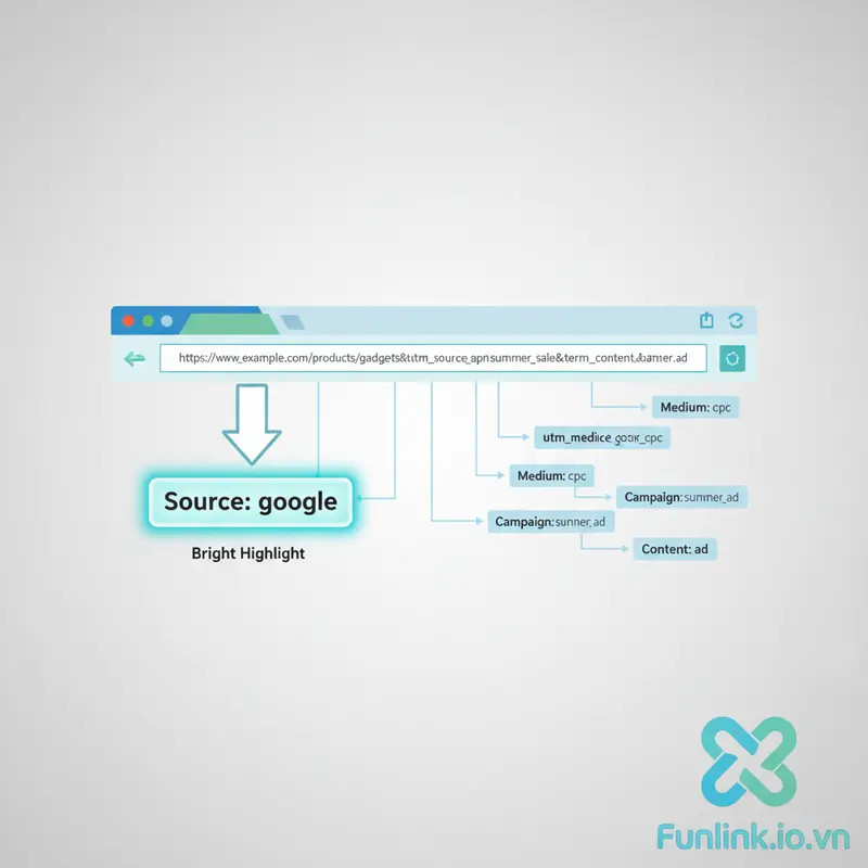 Sơ đồ minh họa 5 tham số utm, làm rõ utm_source là gì trong một URL tracking.