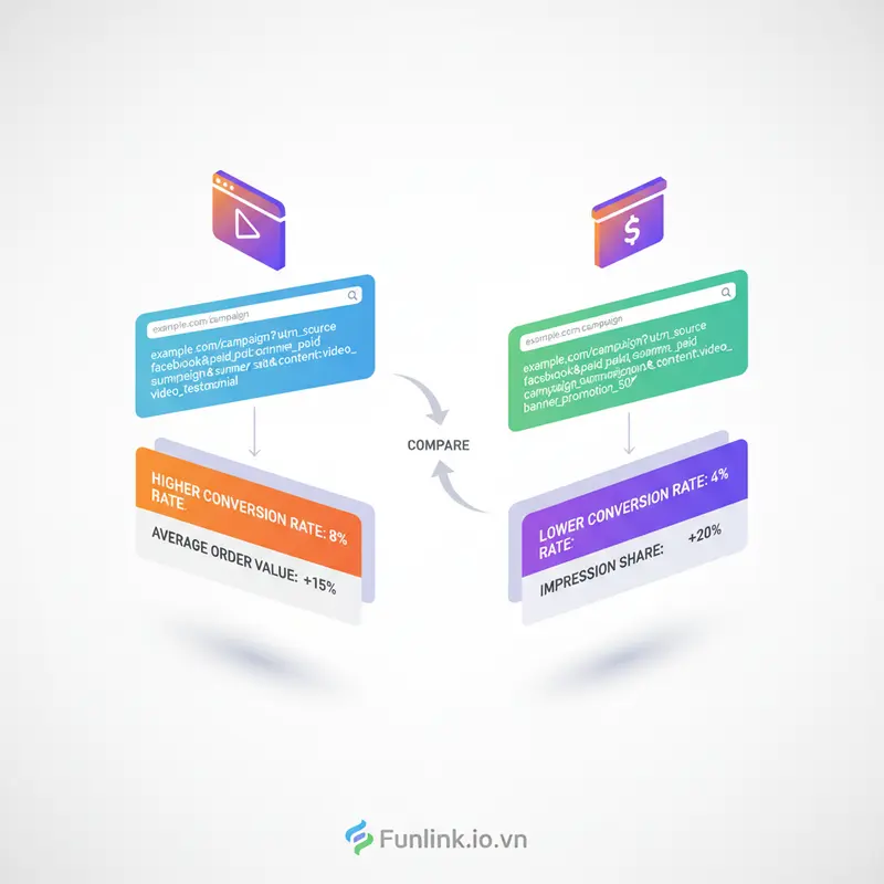 Sơ đồ so sánh A/B testing hai mẫu quảng cáo bằng utm content video và banner promotion.