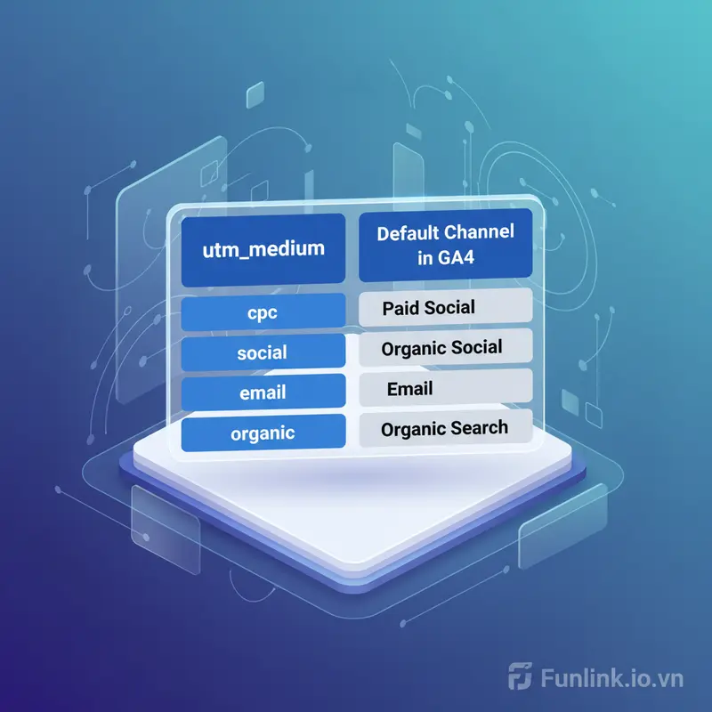Bảng so sánh các giá trị utm_medium và kênh mặc định tương ứng trong GA4 để dùng UTM tracking cho Facebook Ads hiệu quả.