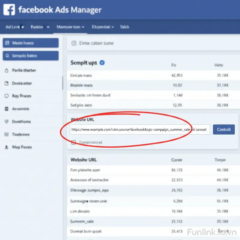 Ảnh chụp màn hình vị trí dán link UTM tracking cho Facebook Ads trong trình quản lý quảng cáo.