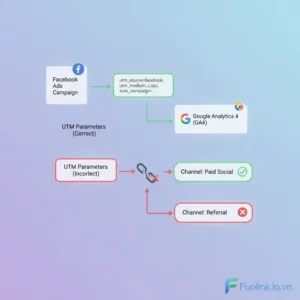 Sơ đồ minh họa UTM tracking cho Facebook Ads bị lỗi khiến traffic ghi nhận sai trong Google Analytics.