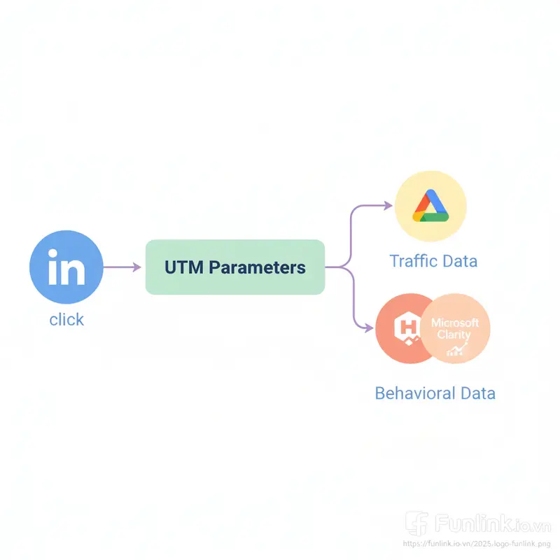 Sơ đồ luồng dữ liệu UTM tracking cho LinkedIn từ click đến phân tích hành vi.
