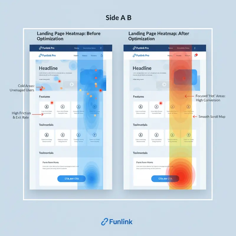 So sánh heatmap A/B test của landing page trước và sau khi tối ưu dựa trên UTM tracking cho LinkedIn.