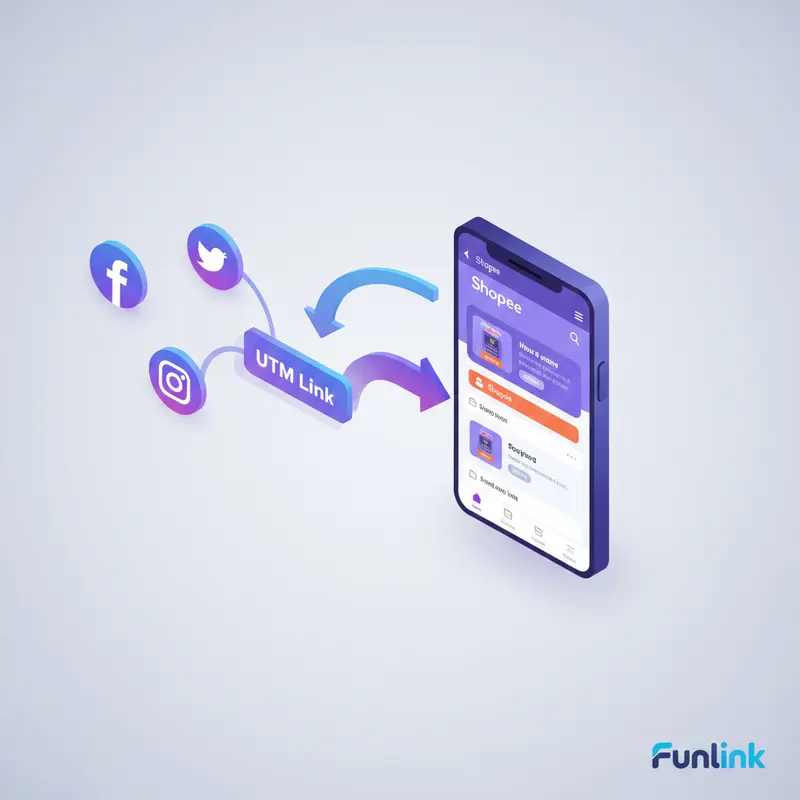 UTM tracking cho Shopee - Sơ đồ minh họa luồng theo dõi người dùng từ quảng cáo đến app.