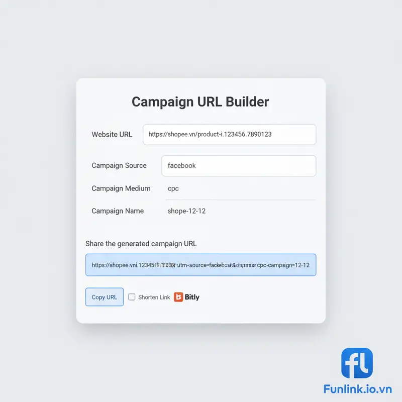 UTM tracking cho Shopee - Giao diện công cụ Google Campaign URL Builder đang được sử dụng.