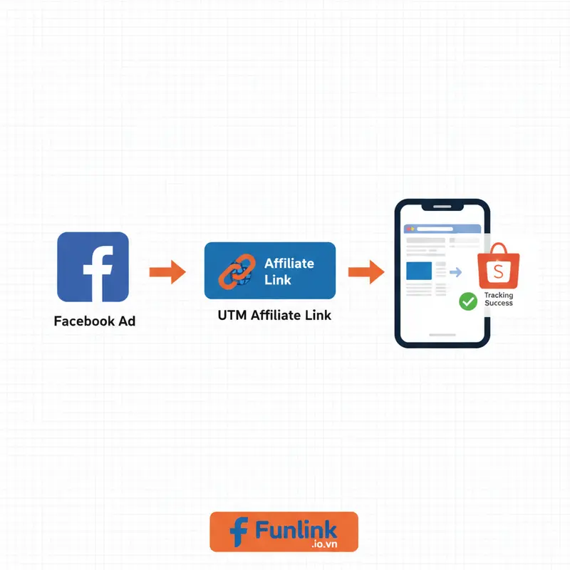 Sơ đồ luồng đi kết hợp UTM tracking cho Shopee và link affiliate để theo dõi người dùng.