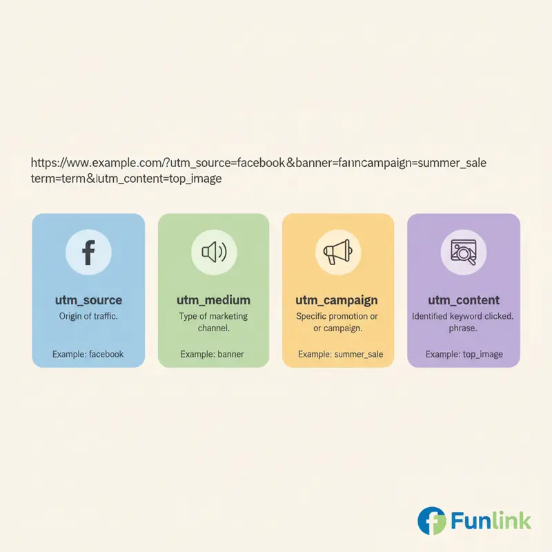 Infographic giải thích 5 tham số của UTM tracking với ví dụ thực tế