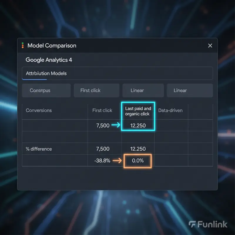 UTM và Attribution - Báo cáo so sánh mô hình trong Google Analytics 4 cho thấy sự khác biệt giữa Last Click và Data-Driven.