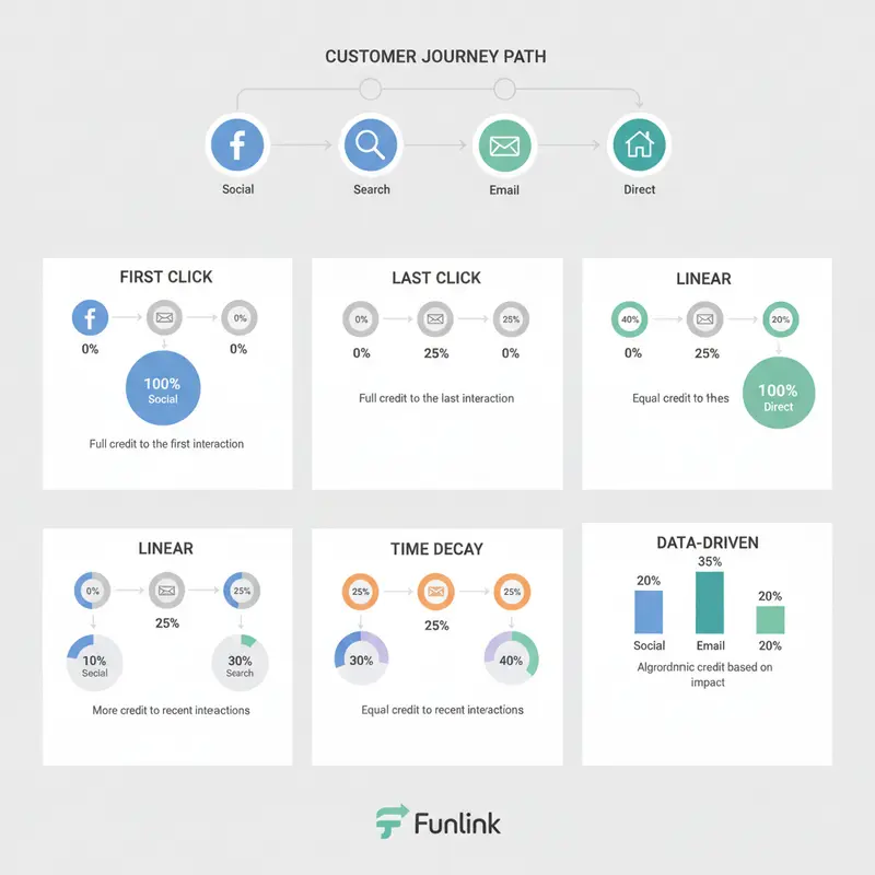UTM và Attribution - Infographic so sánh 5 mô hình phân bổ phổ biến trong marketing.