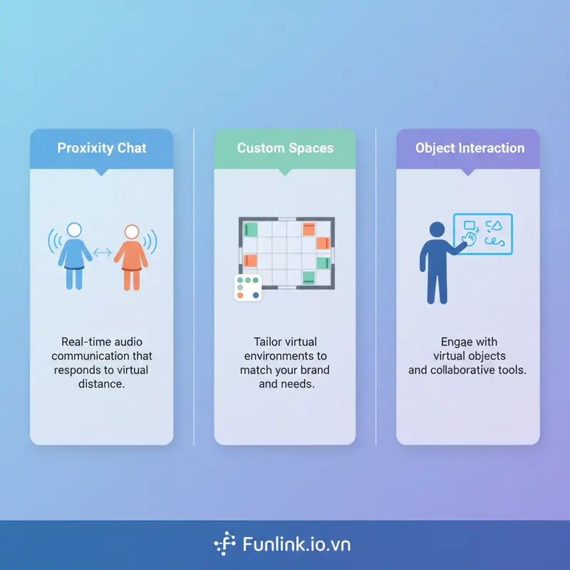 Minh họa các tính năng của văn phòng ảo như proximity chat, tùy chỉnh không gian và tương tác đối tượng.