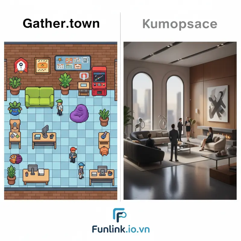 So sánh đồ họa 8-bit của Gather.town và đồ họa 3D chuyên nghiệp của Kumospace trong văn phòng ảo.