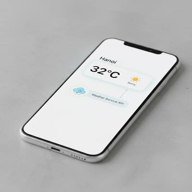 Một chiếc điện thoại thông minh hiển thị ứng dụng thời tiết, với các biểu tượng cho thấy dữ liệu được lấy từ API của một dịch vụ thời tiết.