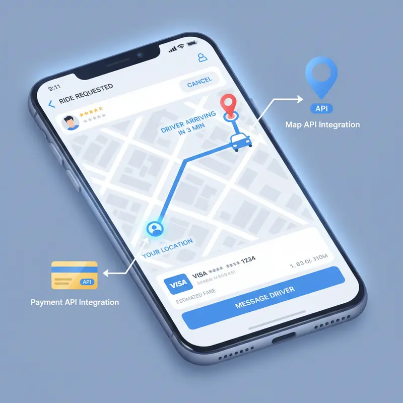 Ví dụ về API trong ứng dụng đặt xe sử dụng API bản đồ