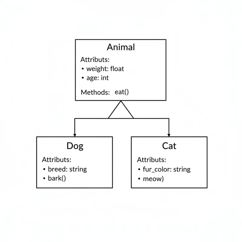 Sơ đồ ví dụ về tính kế thừa trong OOP với lớp cha ĐộngVật và các lớp con Chó, Mèo