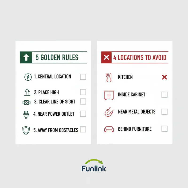 Checklist infographic các quy tắc vàng cho vị trí đặt router wifi.