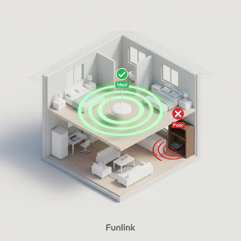 Sơ đồ vị trí đặt router wifi lý tưởng (xanh) và tệ (đỏ) trong nhà 2 tầng.