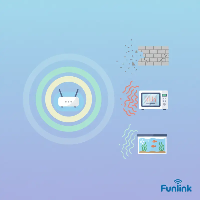 Sơ đồ các vật cản ảnh hưởng đến vị trí đặt router wifi như tường, lò vi sóng.