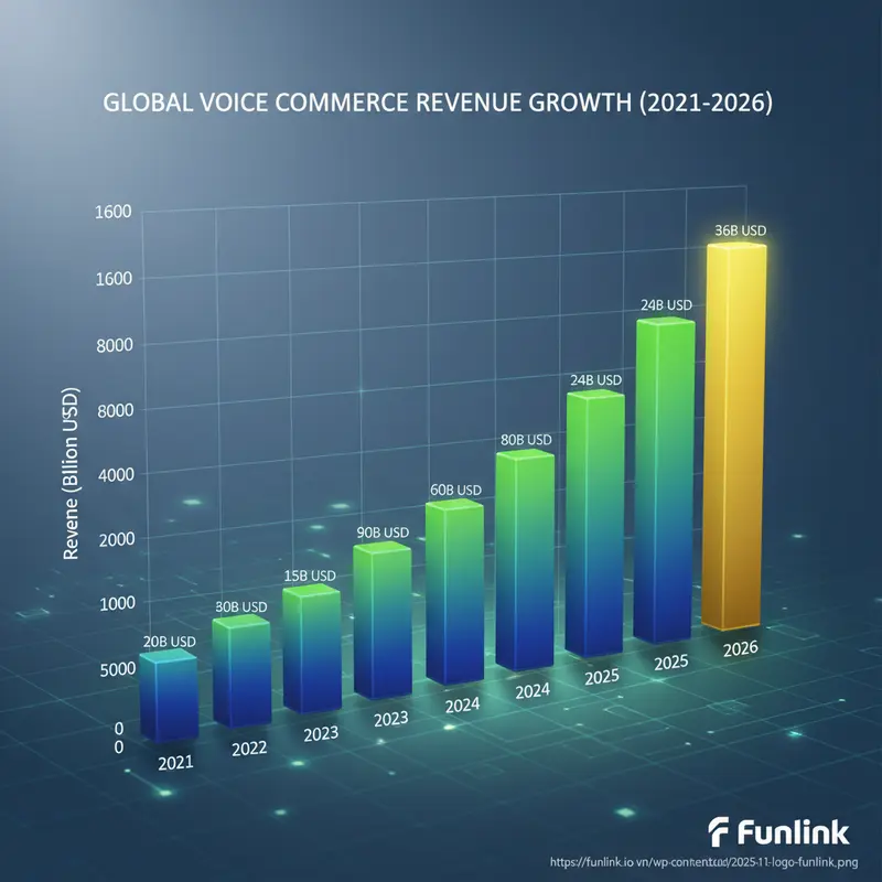 Biểu đồ tăng trưởng doanh thu của voice search trong e-commerce toàn cầu, cho thấy tiềm năng to lớn.