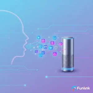 Voice search trong e-commerce - một người dùng ra lệnh bằng giọng nói cho loa thông minh để mua sắm trực tuyến.