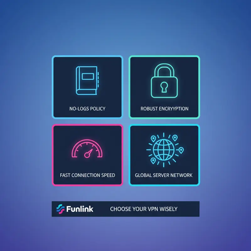 Infographic 4 tiêu chí chọn VPN an toàn nhất: Chính sách No-logs, mã hóa AES-256, tốc độ và số lượng server.