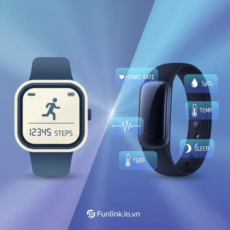 Infographic so sánh chỉ số sức khỏe của wearable tech hiện đại và đồng hồ cũ.