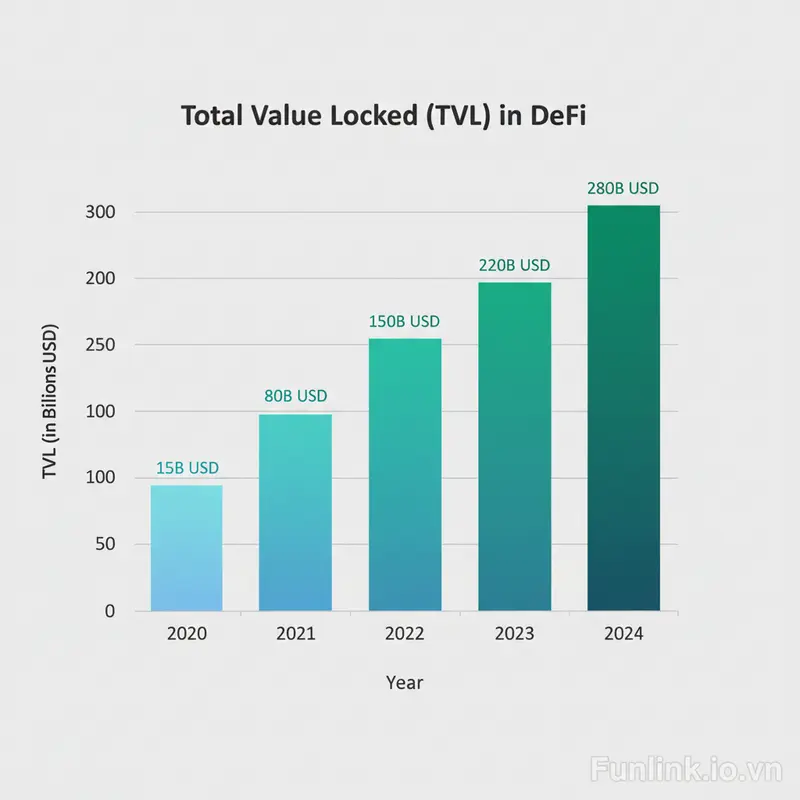 Biểu đồ thể hiện sự tăng trưởng TVL trong DeFi, một ứng dụng của Web 3.0, so với Web 2.0.