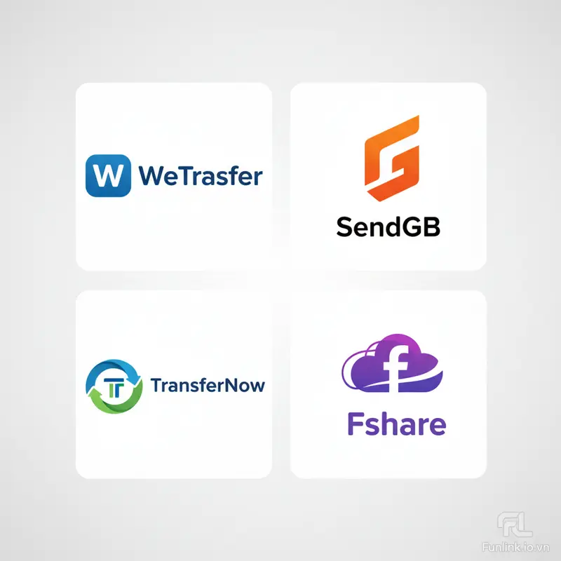 Logo các web gửi file tạm thời phổ biến: WeTransfer, SendGB, TransferNow, và Fshare.