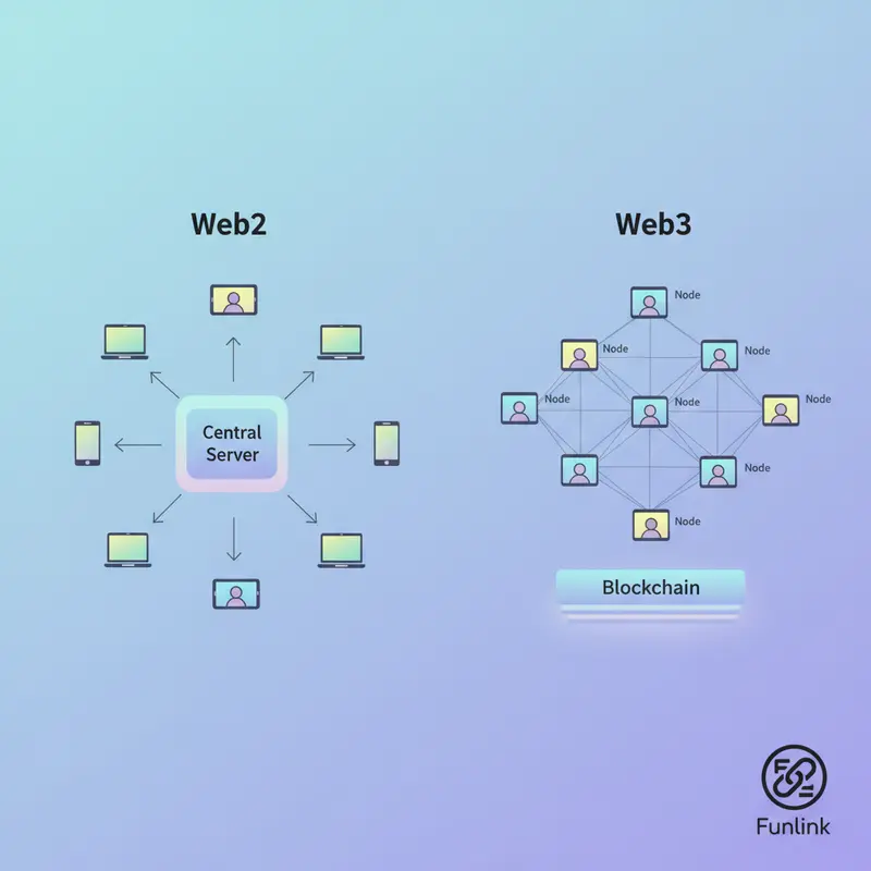 So sánh kiến trúc Web2 và Web3, minh họa sự thay đổi từ mô hình client-server sang mạng lưới phi tập trung của internet phi tập trung.