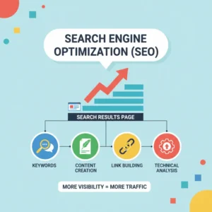 A comprehensive diagram explaining the concept of SEO with icons for keywords, content, and links.