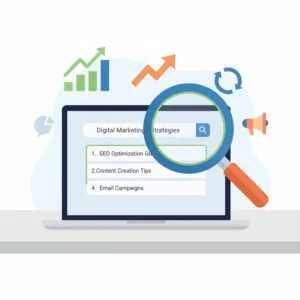 An illustration showing the concept of SEO, with a magnifying glass over a laptop displaying search results.