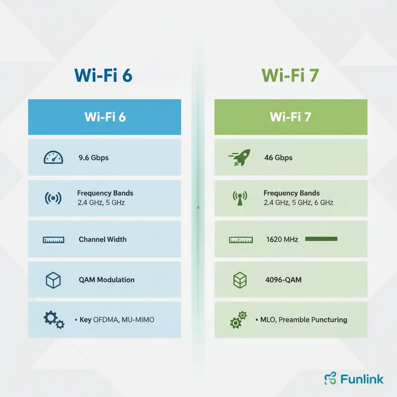 Bảng so sánh chi tiết thông số kỹ thuật của Wi-Fi 7 là gì và Wi-Fi 6, làm rõ sự khác biệt.