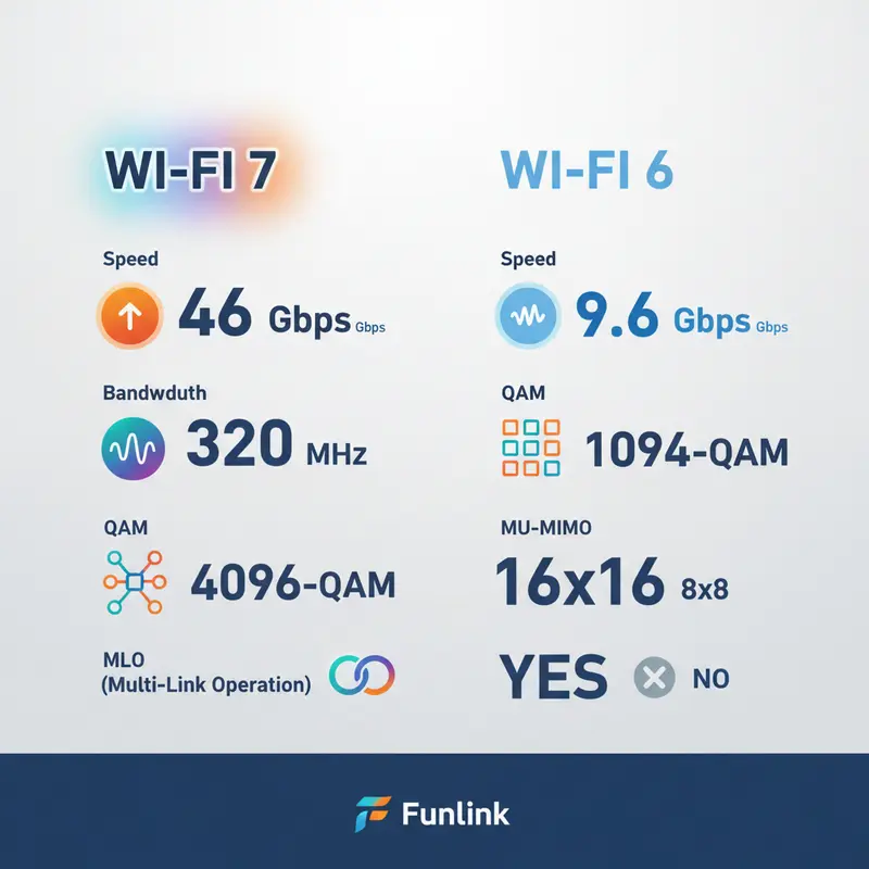 Infographic so sánh Wifi 7 khác gì Wifi 6 về tốc độ, băng thông, QAM, và các công nghệ cốt lõi.