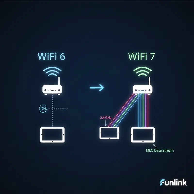 Sơ đồ minh họa Wifi 7 khác gì Wifi 6 trong việc sử dụng băng tần nhờ công nghệ MLO.