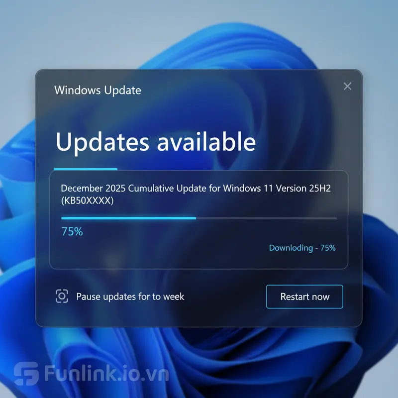 Giao diện Windows Update đang cài đặt bản vá Windows Patch Tuesday tháng 12/2025 để bảo vệ máy tính.
