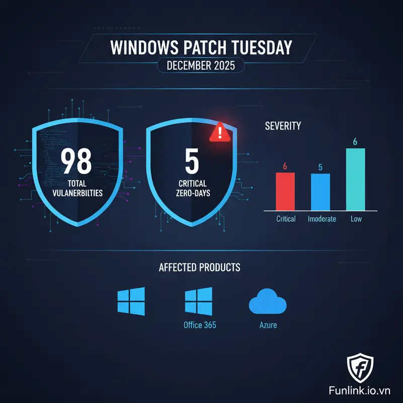 Infographic tổng quan Windows Patch Tuesday tháng 12/2025 vá 98 lỗ hổng, bao gồm 5 lỗ hổng zero-day nghiêm trọng.