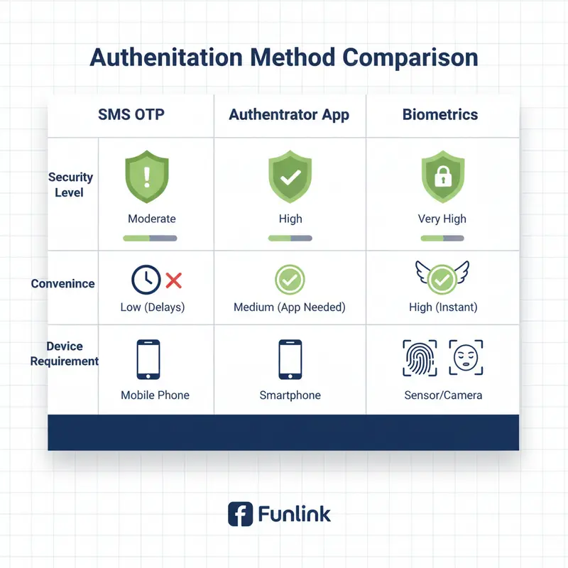 Bảng so sánh các phương thức xác thực hai yếu tố phổ biến: SMS OTP, Authenticator App và Sinh trắc học.