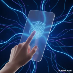 Xác thực không mật khẩu - một người dùng đang đăng nhập bằng vân tay trên điện thoại một cách an toàn.