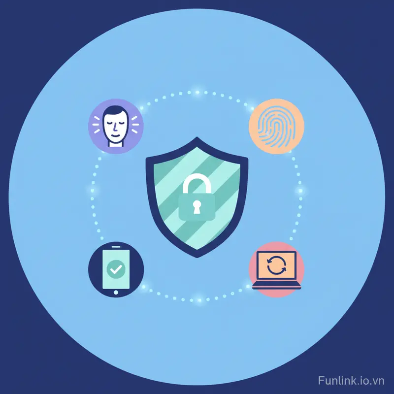 Minh họa khái niệm xác thực không mật khẩu với các biểu tượng nhận diện khuôn mặt, vân tay và thiết bị di động.