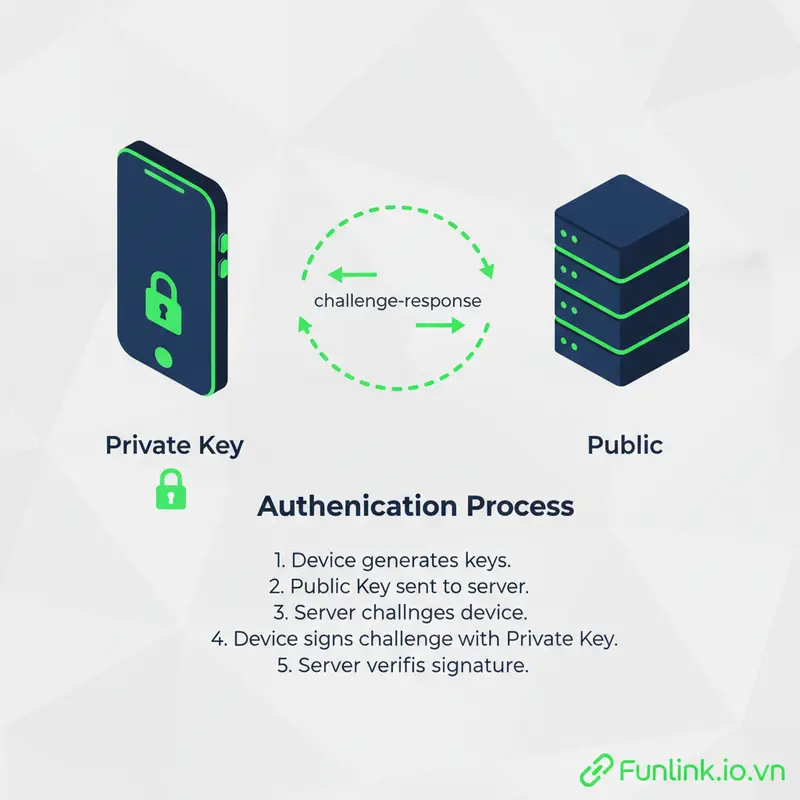 Sơ đồ infographic giải thích cách xác thực không mật khẩu bằng Passkeys hoạt động với khóa công khai và riêng tư.