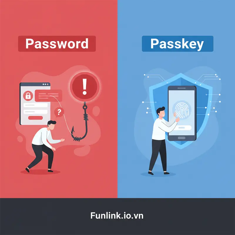 So sánh giữa việc đăng nhập bằng mật khẩu có nguy cơ bị phishing và xác thực không mật khẩu bằng Passkey an toàn.