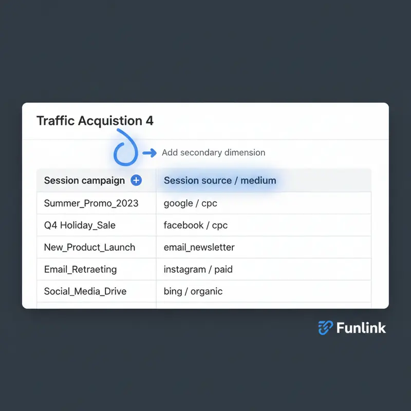 Thêm secondary dimension 'Session source / medium' vào báo cáo chiến dịch trong GA4 để phân tích sâu hơn.