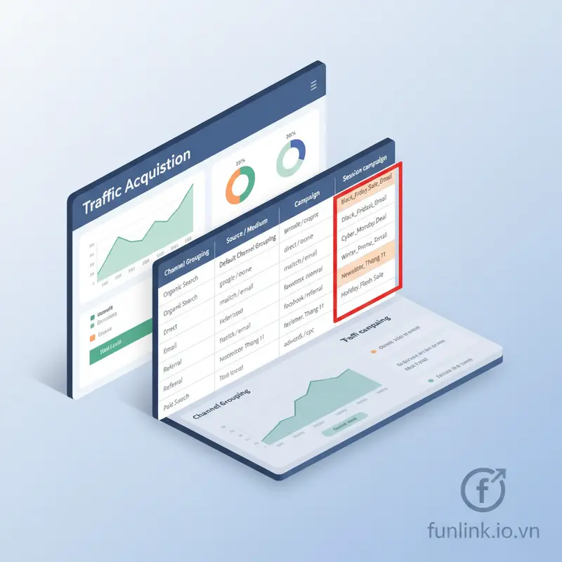 Báo cáo Traffic Acquisition trong GA4 với cột Session campaign thể hiện các chiến dịch email.