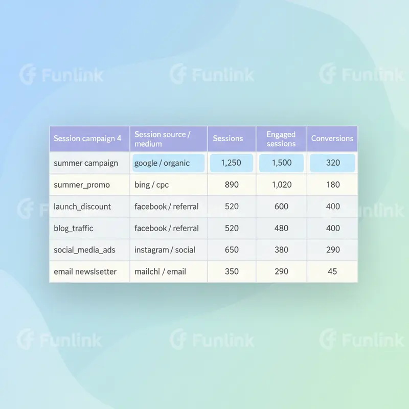 Bảng báo cáo Traffic Acquisition hiển thị các chỉ số quan trọng để xem báo cáo UTM trong Google Analytics.