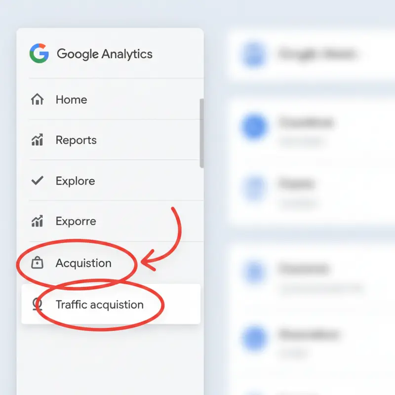 Giao diện Google Analytics 4 để xem báo cáo UTM, mục Thu nạp lưu lượng được khoanh đỏ.
