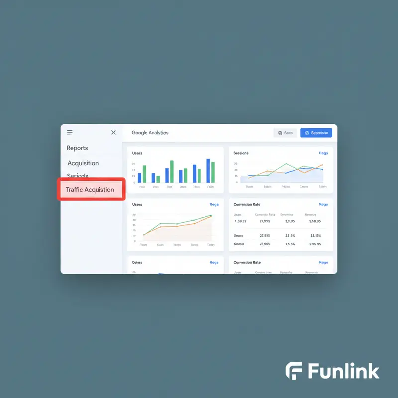 Giao diện Google Analytics 4 với các bước để xem báo cáo UTM trong mục Acquisition.