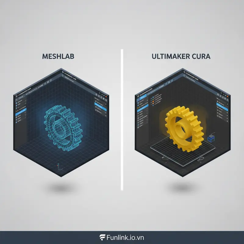 So sánh hai phần mềm xem file STL chuyên dụng là MeshLab và Ultimaker Cura.