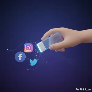 Xóa tài khoản mạng xã hội - Minh họa một người đang dọn dẹp các icon Facebook, Instagram để bảo vệ dấu chân kỹ thuật số.